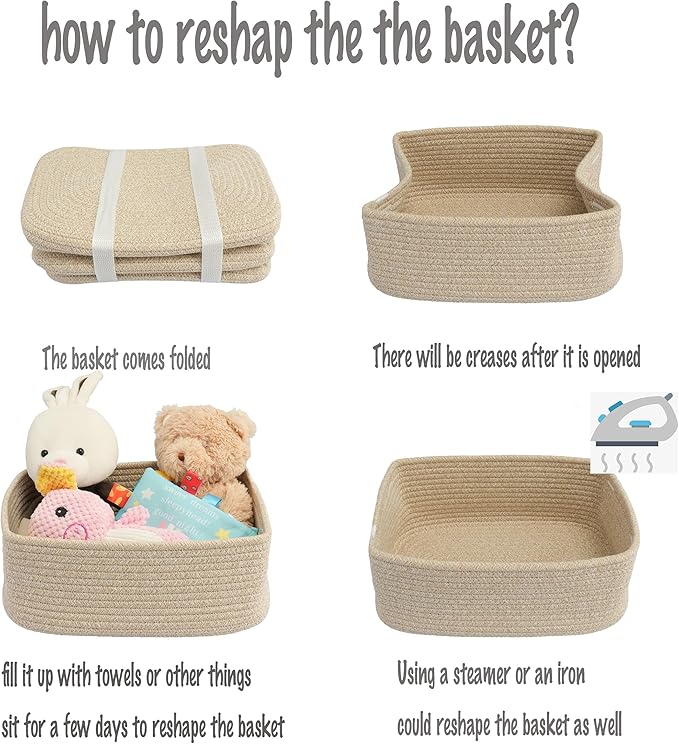 XUANGUO Small Woven Storage Baskets 13“X9”X5“ Decorative Rope Bins for Organizing Shelves, Closets, and Toys, Empty Gift Baskets, Cute Organizer Basket for Home and Office (oatmeal, Large)