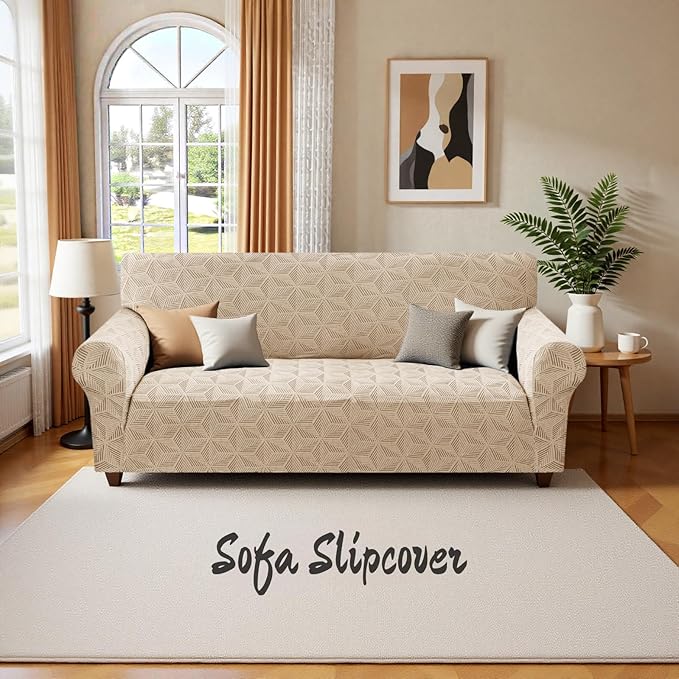YEMYHOM 1 Piece Stretch Couch Covers for 2 Cushion Couch, Jacquard Loveseat Cover with Non-Slip Elastic Bottom, Thickened Slipcover Furniture Protector for Dogs Pets (Medium, Khaki)