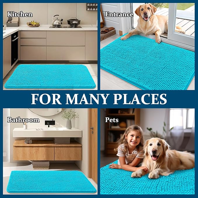 OLANLY Dog Door Mat for Muddy Paws 30x17, Absorbs Moisture and Dirt, Absorbent Non-Slip Washable Doormat, Quick Dry Chenille Mud Mat for Dogs, Entry Indoor Entryway Carpet for Inside Floor, Aqua Blue