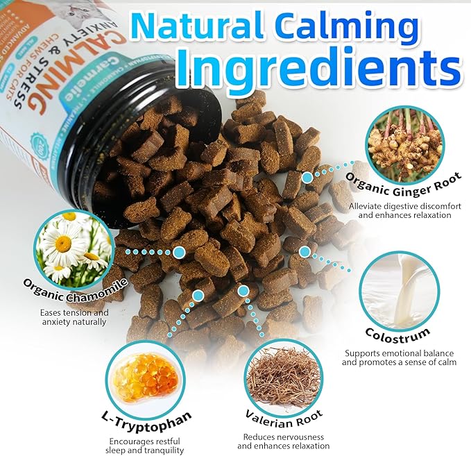 Cat Hemp Calming Treats - 200 Count - Calming Chew for Cat - Calming Treats for Cats with Valerian Root Chamomile Melatonin for Cat Anxiety Relief, Storms, Travel, Separation - Chicken Flavor