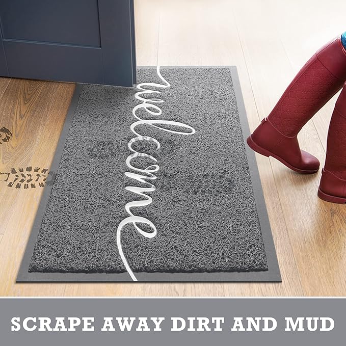Grey Door Mat Welcome Mats Outdoor Indoor Non-Slip Doormat for Entryway Low-Profile Floor Mat for Yard, Garage, High Traffic Areas (36"x24", Grey)