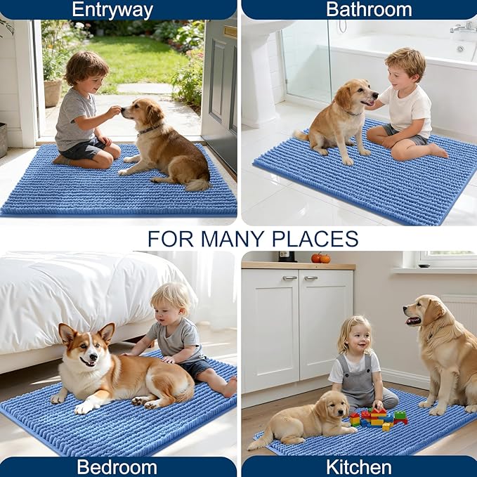 OLANLY Dog Door Mat for Muddy Paws 59x24, Ultra Absorbent Chenille Mud Doormat, Non-Slip Washable and Dirt Trapping Doormat for Indoor Entryway, Quick-Dry Indoor Pet Bed Mats for Dogs, Cornflower Blue
