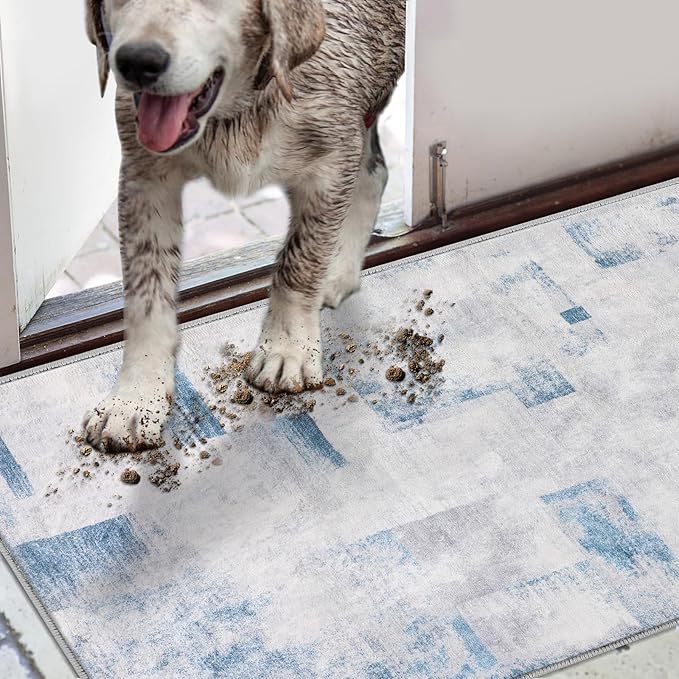 COMSLE Door Mat, Front Door Mat Indoor for Entrance Faux Wool Absorbent Non Slip Modern Throw Rug for Entryway Hallway Muddy Paws - Pet Friendly, 20x32 Inches,Square Blue Machine Washable