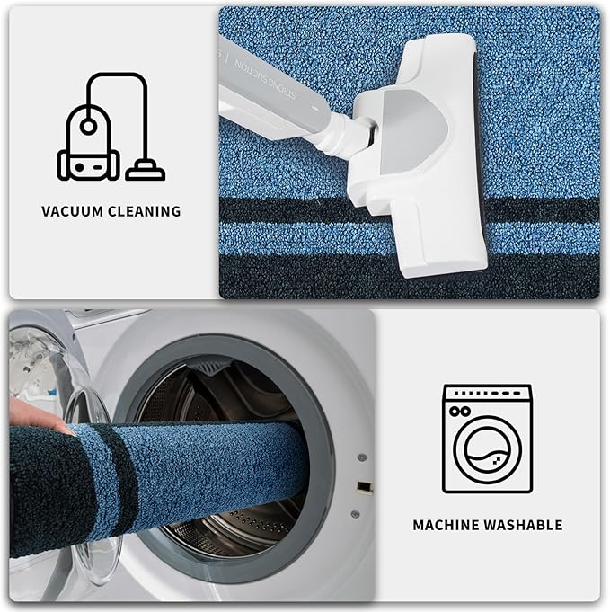 PURRUGS Dirt Trapping Door Mat 24" x 60", Non-Slip Machine Washable Entryway Rug, Entrance Mat, Indoor Front Door Mat, Super Absorbent Entry Rug for Muddy Shoes & Paws, Light Blue & Navy