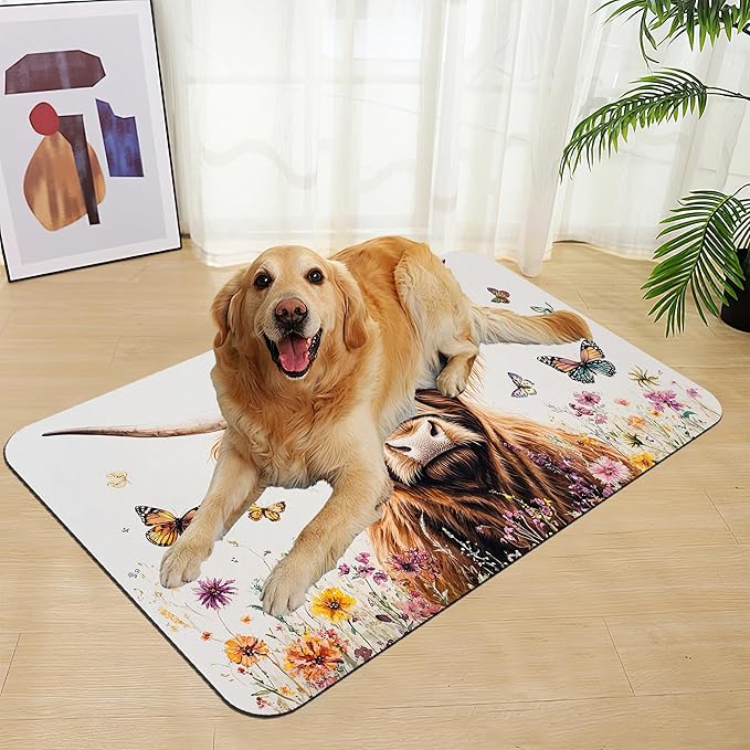 Highland Cow Butterfly Dog Food Mat–Christmas Stocking Absorbent Quick Dry Feeding Placemat for Food and Water Bowls, Non Slip Rubber Backing, Waterproof Pet Supplies for Mess-Free Eating 16"x24"