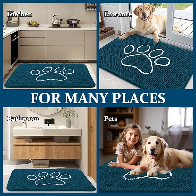 OLANLY Dog Door Mat for Muddy Paws 30x20, Paw Print Design, Absorbs Moisture and Dirt, Absorbent Non-Slip Washable Doormat, Quick Dry Chenille Mud Mat, Entry Indoor Entryway Carpet, Atlantic Blue
