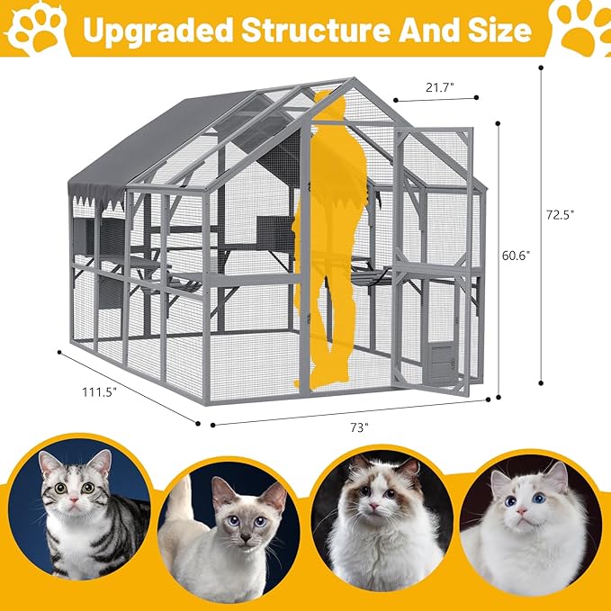 LOVMOR 110" Large Outdoor Wooden Catio, Outdoor Cat House Cat Enclosures, Weatherproof Cover roof, Two Small Sliding Doors, 2 x Bridges, 2 x Sleeping Houses, 7 x Cat Walks