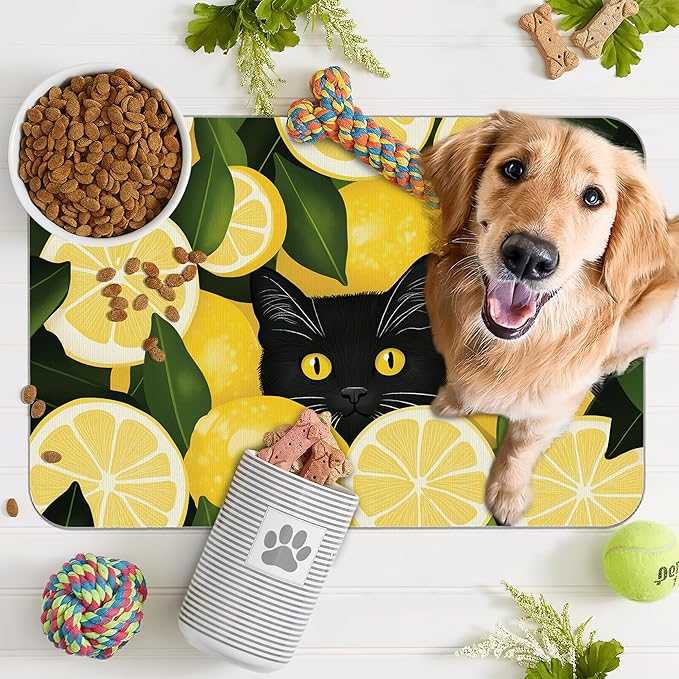 Black Cat Funny Dog Food Mat for Floors,Lemon Absorbent Pet Food and Water Bowl Mats,Non-Slip Pet Feeding Mat,Pet Supplies 12" x 20"