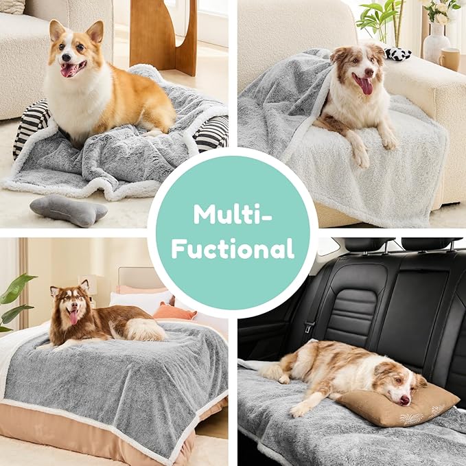 Waterproof Dog Blanket, Reversible Faux Fur & Sherpa Puppy Throw for Couch, Bed & Crate Protection, Soft Cozy Dog Blanket for Small Medium Dogs, 30"x40", Light Grey