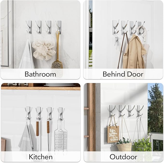 pickpiff Self Adhesive Coat Hooks for Hanging: Heavy Duty Stainless Wall Hook for Towel, Utensil, Backpack, Hat, Sturdy Metal Hanger for Bathroom, Kitchen, Door, 10-Pack, Silver