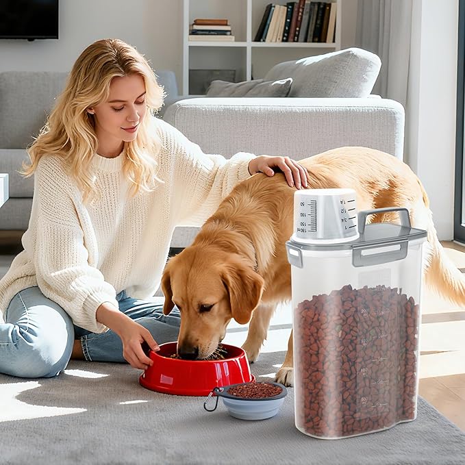 LEAWALK 3-5Lbs Airtight Small Cat Dog Pet Food Storage Containers BPA Free, with Large Pour Spout/1 Measuring Cup/ 4 Safety Locks and Double-layer Silicone Strip (Clear Grey 2Pack)