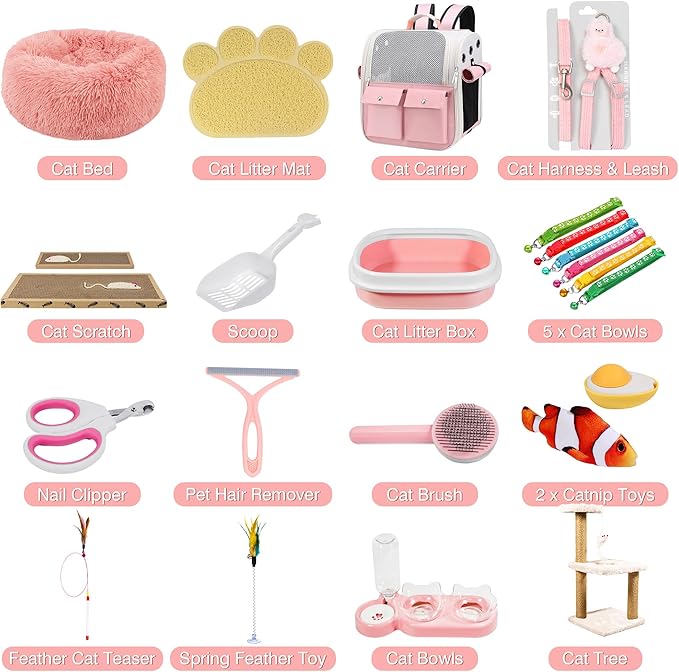 Kitten Starter Supplies Starter Kit, 20 pcs of Cat Essentials and Stuff, Including Cat Bed, Carrier, Litter Mat, Litter Box, Collar, Bowls,and Others, Perfect Choice for New Cat Owner - Pink