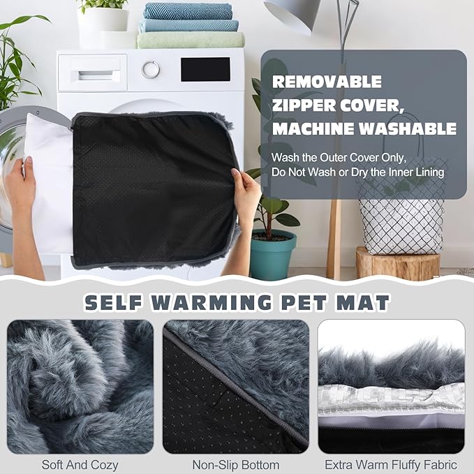 3 Pack Dark Gray Self Warming Cat Bed Indoor 12''x12'' Cat Self Heating Mat Soft Thermal Kitten Bed Heated Pet Dog Pad Washable Removable for Outdoor Use Non Slip Reflect Body Heat