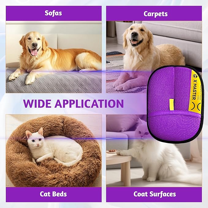 2 Pack Pet Hair Grooming Gloves – Upgraded Mesh + Brush Fabric, Washable Electrostatic Pet Hair Remover for Dogs & Cats – Reusable Glove for Carpet, Furniture, Clothes (Purple)