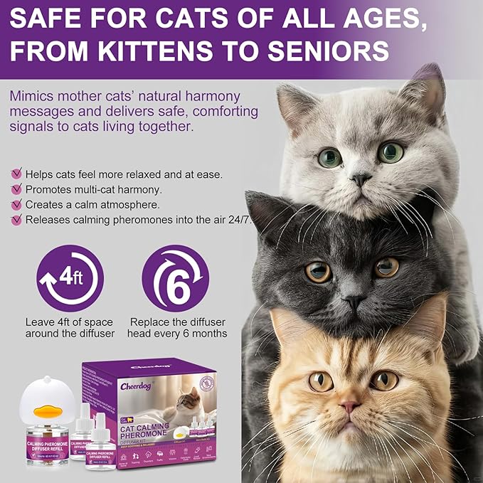 Cat Pheromones Calming Diffuser Relieve Anxiety Stress Cat Calming Diffuser Comfort for Cats 3 Refills, Reduce Fighting and Scratching Calm Relaxing Fits All Cats (3)