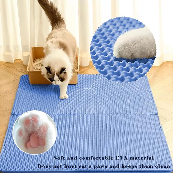 HCY&WLD Cat Litter Mat, Honeycomb Double Layer Cat Litter Trapping Mat, Waterproof Urine Proof Non-Slip, Scatter Control, Less Waste, Easier to Clean (Blue, 24" X 18")