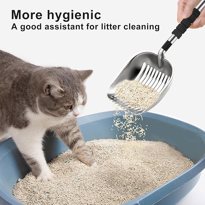 Cat Litter Scoop, Metal Litter Scooper with Deep Shovel, Scooper Long Handle Detachable Components Stainless Litter Scooper,Large Durable Cat Litter Shovel with Foam Pad Grip(Silver Color)