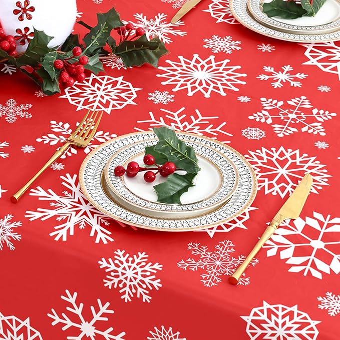 misaya Rectangle Waterproof Vinyl Table Cloth, Wipeable Tablecloth with Flannel Backing, Plastic Table Cover for Dinner, Christmas Party (Red Snowflake, 60" x 120")