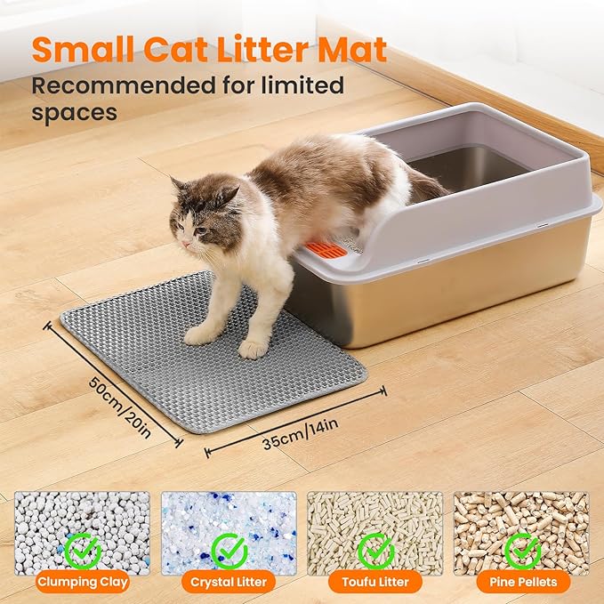 Small Cat Litter Mat, 20x14 Inches Double Layer Honeycomb Cat Litter Trapping Mat, Non Slip Waterproof Urine Proof Litter Box Mat for Floor, Kitty Litter Rug, Pet Supplies, Gray