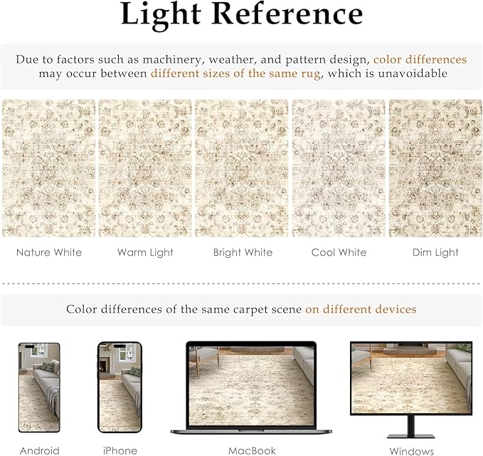 7x9 Washable Neutral Area Rug Beige Vintage Living Room Bedroom Carpet Non-Slip Soft Low Pile Farmhouse Indoor Throw Rug for Dining Room Entryway Office