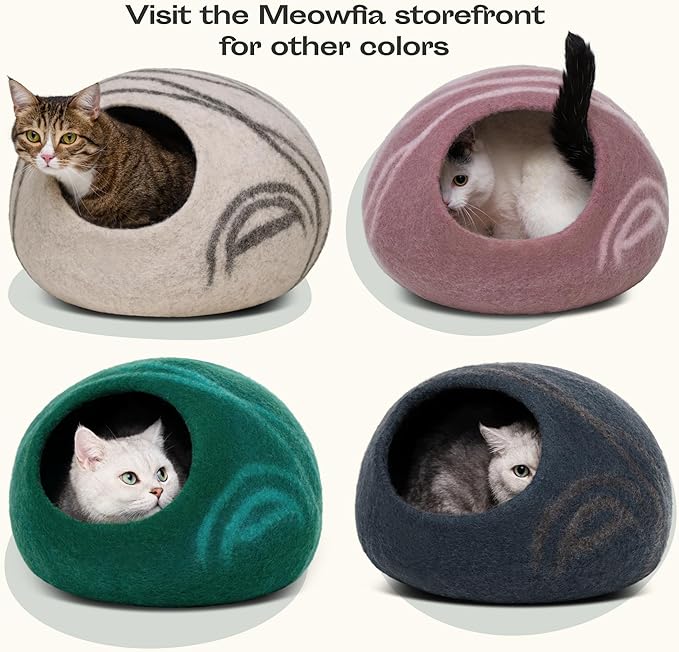 MEOWFIA Cat Cave – Premium Felt Cat Bed for Indoor Cats, Handmade 100% Merino Wool (Light Grey, Medium)