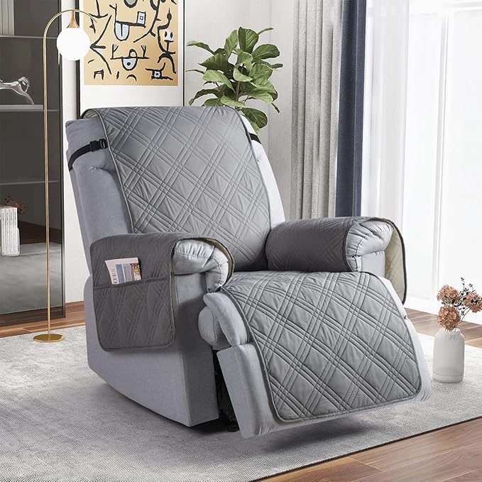 TAOCOCO 100% Waterproof Recliner Chair Covers, Non Slip Recliner Covers for Recliner Chair with Pocket, Washable Reclining Chair Cover Furniture Protector for Kids,Dogs(22'', Grey)