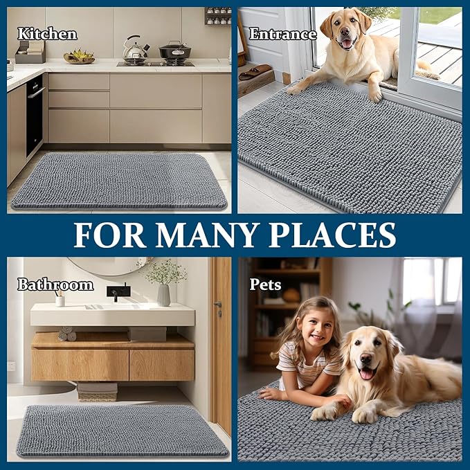 OLANLY Dog Door Mat for Muddy Paws 30x17, Absorbs Moisture and Dirt, Absorbent Non-Slip Washable Doormat, Quick Dry Chenille Mud Mat for Dogs, Entry Indoor Entryway Carpet for Inside Floor, Grey