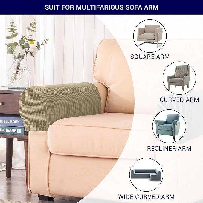 SUBRTEX Stretch Couch Arm Covers Set of 2, Checkered Sofa Arm Slipcovers, Anti-Slip Armrest Covers for Recliner and Armchairs, Pet Proof, High Stretchy, Hook & Loop Tape, Sand Yellow