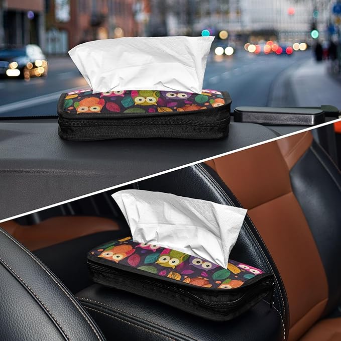 Car Tissue Holder Car Napkin Holder Car Tissue Box Dispenser Storage Case Sun Visor Mask Holder with Adjustable Straps Reusable Refillable Black Owl and Leaves