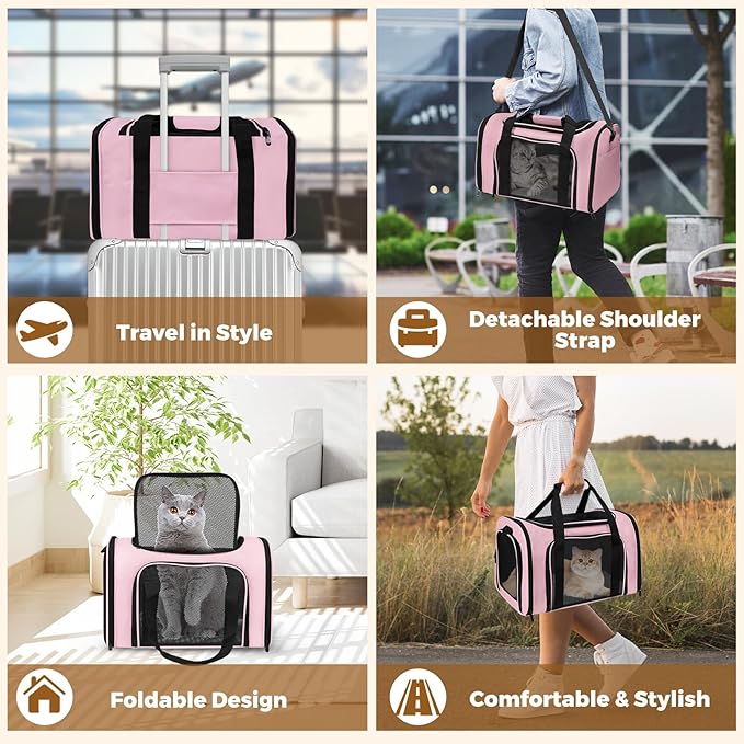 FOORLON Cat Carrier Soft for Pets Up to 15 Lbs, Cat Travel Bag Soft-Sided with Padded Shoulder Strap, Pet Dog Carriers for Small Dogs Travel Puppy Carry Airline Approved, Pink