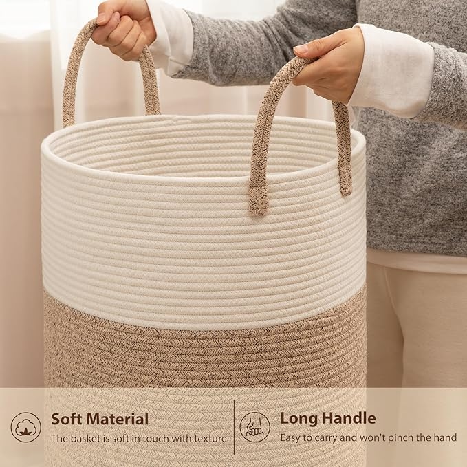 OIAHOMY Large Laundry Basket Hamper - 60L Cotton Rope Woven Basket for Blankets, Toys, Clothes - Tall Decorative Nursery Hamper with Long Handles, Brown/White