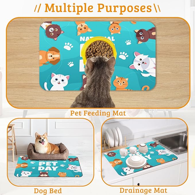 Pet Dog Cat Food Mat,Animal Paws Absorbent Waterproof Placemat for Food and Water Non Slip Rubber Backing Durable Feeding Pad for Clean Floors 16" x 24"