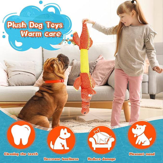 Interactive Tug of War Dog Toys for Small to Large Breeds-Squeaky Puppy Toys with Crinkle Paper, Stuffed Chew Dog Toys to Keep Them Busy, Training Reward Gift (Orange)