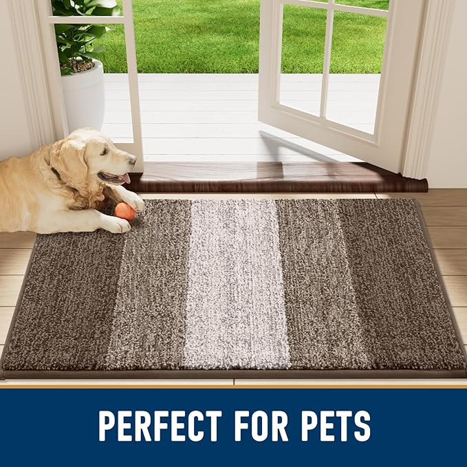 Smiry Dog Door Mat for Muddy Paws, Absorbs Moisture and Dirt, Low-Profile Entryway Mat with Non-Slip Backing, Entry Indoor Outdoor Doormat for Inside Floor (47x20 Inches, Light Brown, Striped)