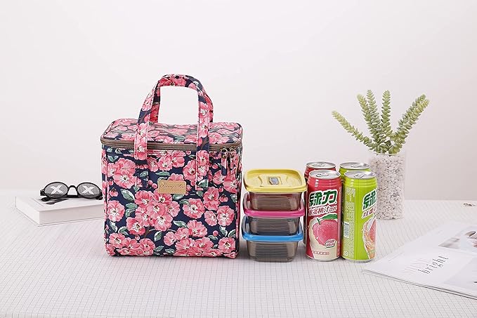 Kwang Min Floral Insulated Lunch Bag for Women,Reusable Lunch Box,Large Cooler for Office,Picnic Outdoors,Premium Waterproof Fabric,Ideal Floral Lunch Bag (Begonia Navy)