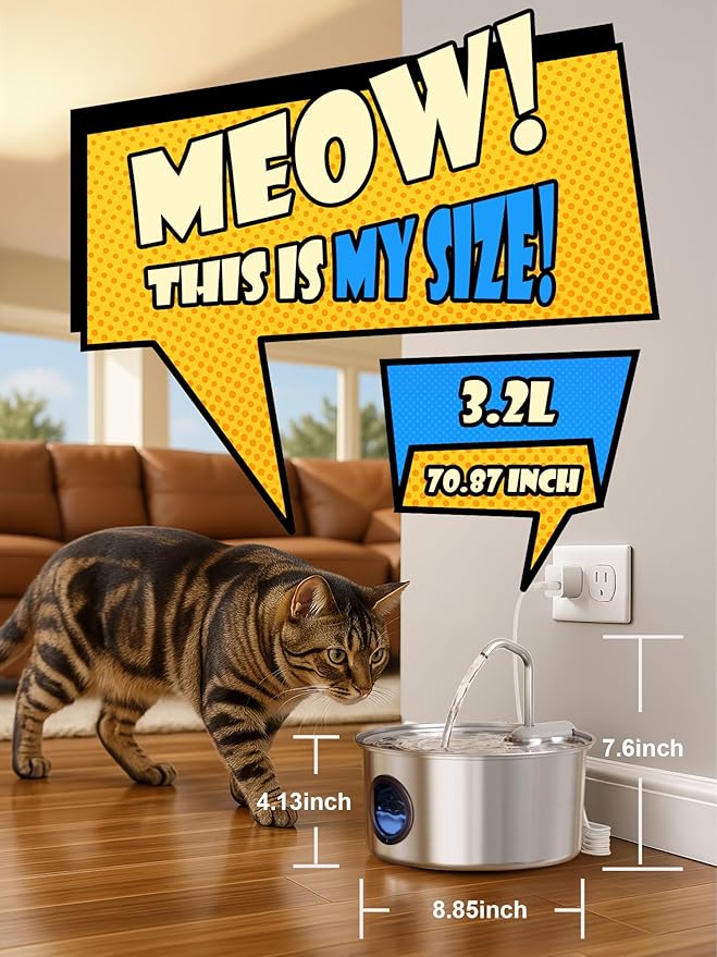 Cat Water Fountain Stainless Steel - 108oz/3.2L Automatic Cat Water Fountain for Drinking with 10PCS Filters, Metal Pet Water Fountain Water Dispenser for Cats, Puppy, Multiple Pets