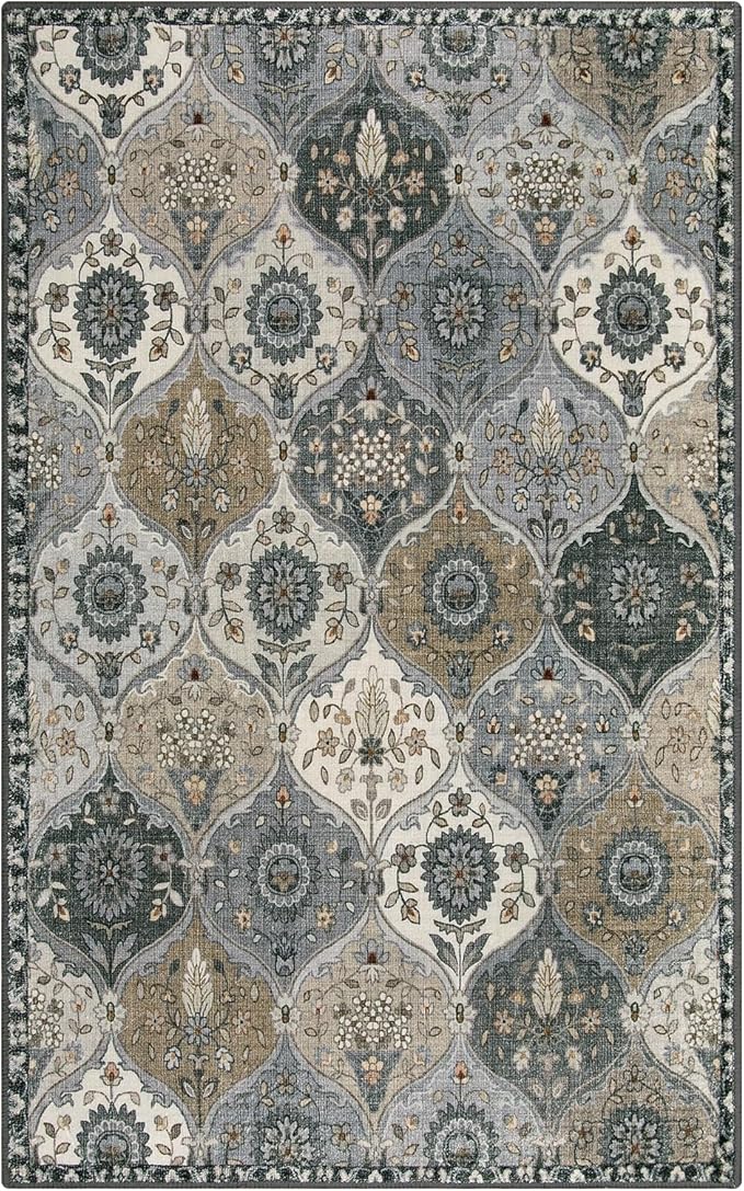 Lahome Moroccan Washable Living Room Rug, 5x8 Rugs for Bedroom Dining Room, Soft Non-Slip Non Shedding Boho Distressed Throw Carpet for Nursery Office Elise, Grey
