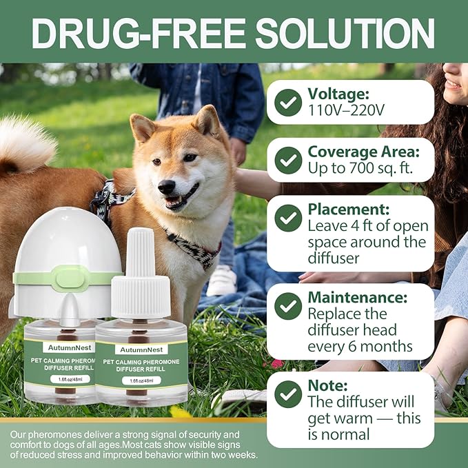 Dog Calming Pheromone Diffuser for Dogs, Plug-in + 3 Refills Kit, Supports Relaxed Behavior, Helps Ease Stress, Anxiety, Barking, Fear During Loud Events, Separation, Travel, 90 Days Non-Toxic Care