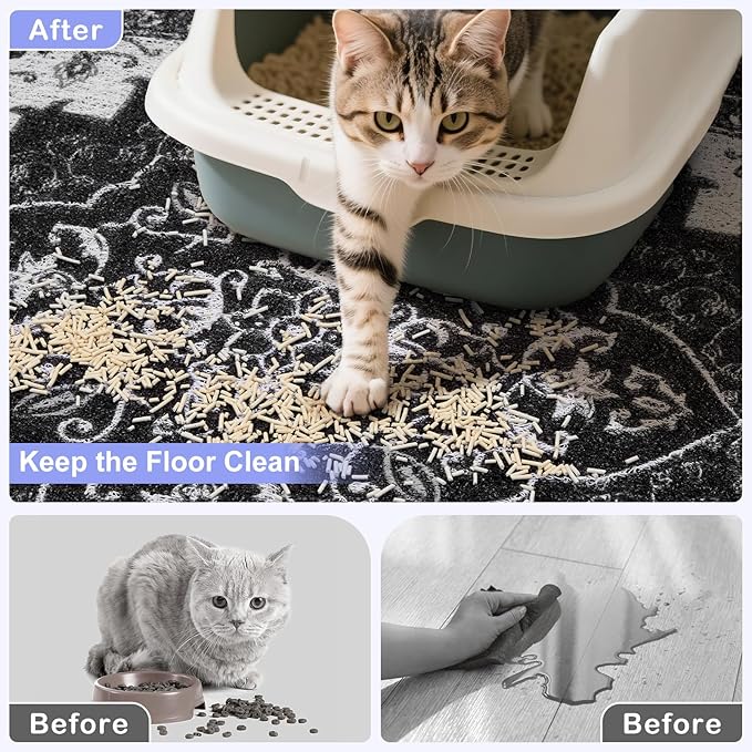 Bienbee Cat Litter Mat, 24" x 15" Litter Box Mat Rug with Non-Slip Bottom,Easy to Clean Cat Supplies Accessories Essentials for Indoor Kitty Kitten Floor, Black M