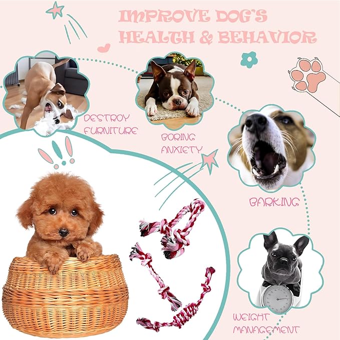 Puppy 3 Pack Cotton Knot Rope Toys for Small Dogs & Puppies, Durable Teething & Tug of War Chew Toy, Safe Interactive Toy for 2-8 Months Pets and High Active Puppy (Pink, Small)