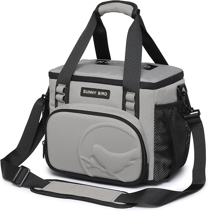 SUNNY BIRD 12L Large Insulated Lunch Bag, Leakproof and Foldable Lunch Cooler Box for Women Adult and Men, Fits 18 Cans (Grey)