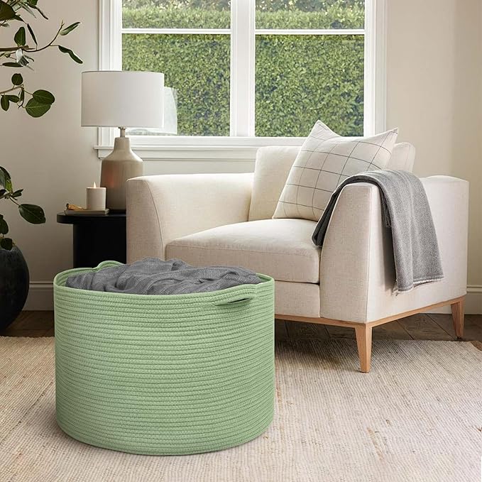 115L Oversized Green Basket, 23.6"x15.7" Woven Cotton Rope Bin for Blankets, Nursery Wicker Laundry Hamper, Kids Toy Storage Bin, Sage Green Living Room Bedroom Decor Baskets for Organizing