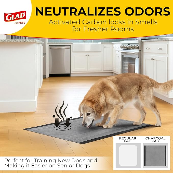 Glad for Pets Black Charcoal Puppy Pads - Super Absorbent Disposable Dog Pee Pads, Potty Training Pads, and Pet Supplies - Dog Pee Pads for Crate Training and Indoor Use 23" x 23" - 50 Count