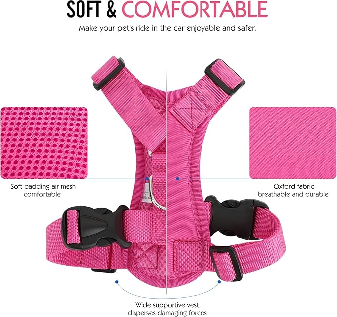 Pawaboo Adjustable Dog Safety Vest Harness with Seatbelt, Dog Seat Belt Harness for Car with Vehicle Connector Strap, Breathable Dog Seatbelt Safety Tether for Small Medium Large Pet, Small, Rose Red
