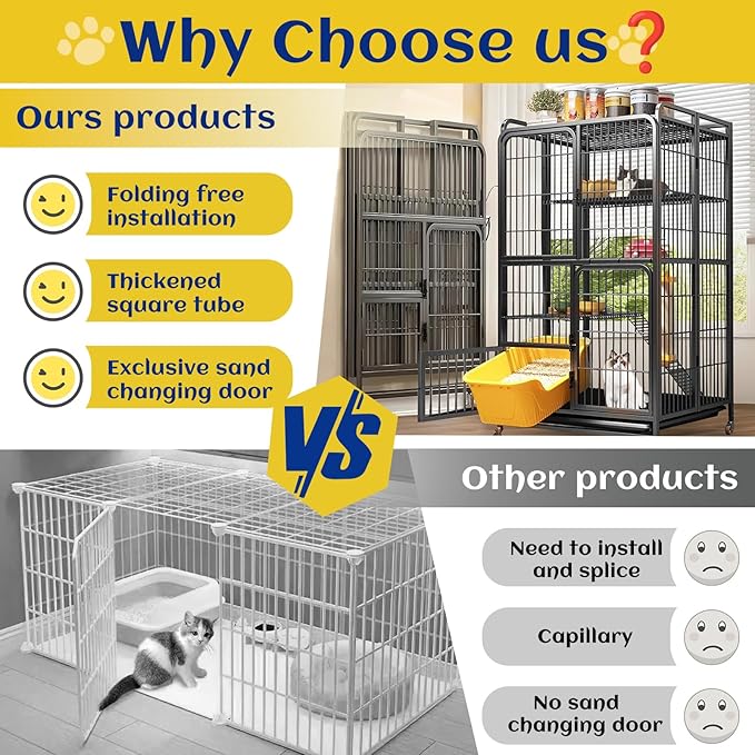 Collapsibles Cat Cages Indoor,Portable Cats Enclosures 2/3/4-Tier,Heavy-Duty Cat Playpens with Universal Wheels,Large Metal Animal cage Pet Crate No Assemblys Required (Black, 4-Tier (No Litter Box))