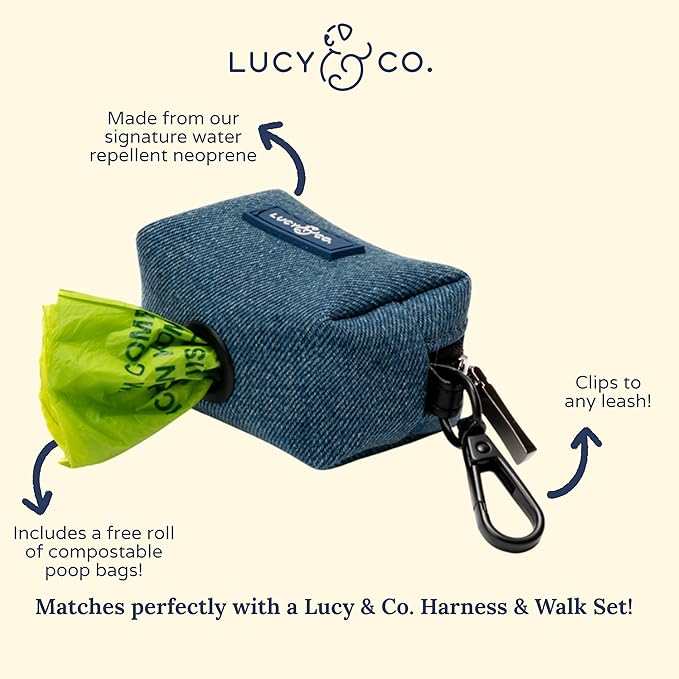 Lucy & Co. Dog Poop Bag Holder - Leak Proof Dispenser with Leash Attachment - Easy Refills - Hygienic Pet Poop Pickup- Blue Denim