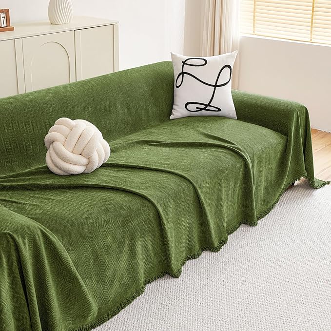 hyha Couch Cover for Dogs, Boho Sofa Covers for 3 Cushion Couch Washable, Chenille Sofa Slipcover for Pets, Soft Loveseat Sectional Couch Throw Blankets with Tassels (Green, 88.5x118 Inch)