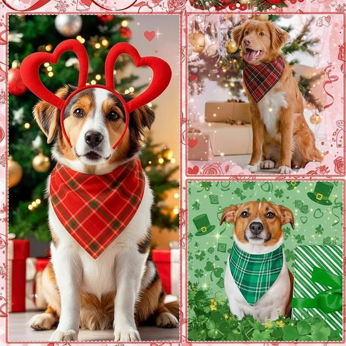 Abbylike 100 Pcs Valentine's & St. Patrick's Day Dog Bandanas Bulk Red & Green Plaid Bandanas for Dogs Triangle Kerchief Bib Scarf for Pet Holiday Costume Photo Props Accessories (31.5 x 21.7 x 21.7)