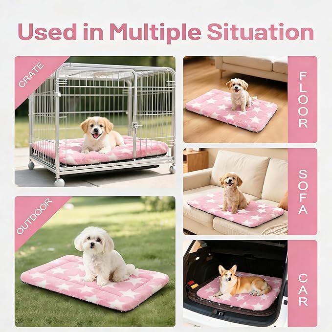 Fogkiss Dog Bed Mat, Reversible Crate Pad & Cute Dog Bed - Machine Washable Kennel Mat with Ultra Soft for Small Dogs (Big&Small Stars Pink, 24" L*18" W*1.5" Th)
