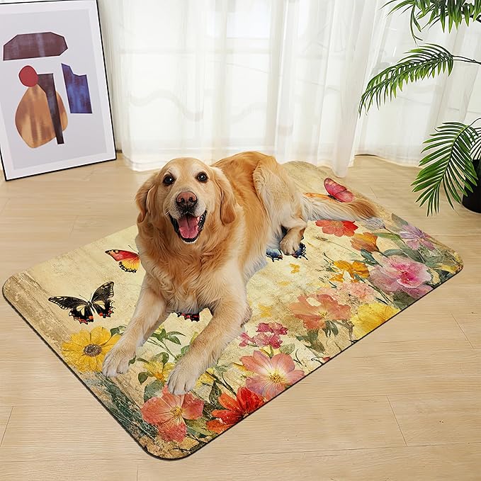 Vintage Butterfly Floral Pet Food Mat for Cats and Dogs–Christmas Stocking Absorbent Quick Dry Feeding Placemat, Non Slip Rubber Base, Waterproof Bowl Mat for Indoor Use, Pet Supplies 16"x24"